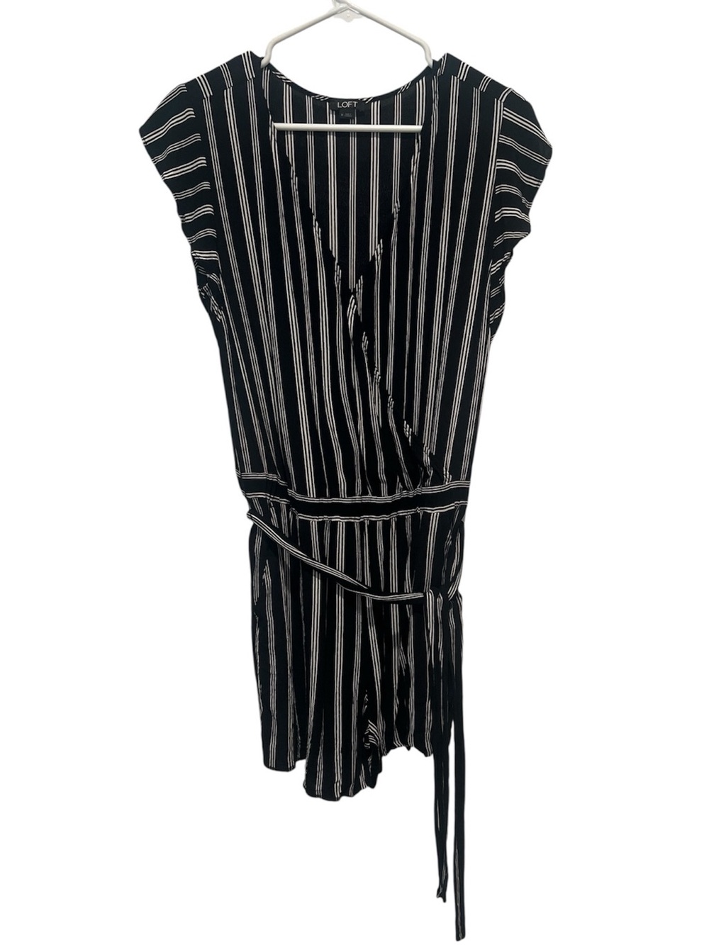 LOFT Black with White Vertical Stripe Short Sleeve Wrap Romper